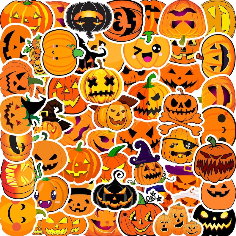 May include: A collection of Halloween-themed stickers featuring various carved pumpkins in shades of orange, black, and yellow. The stickers showcase different facial expressions, including smiling, spooky, and playful designs, perfect for seasonal crafts.