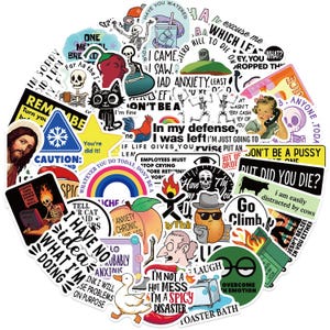 May include: A collection of colorful, round stickers with various designs and text. The stickers feature images of a skeleton, a cat, a rooster, a rainbow, and phrases like "I'm not a hot mess, I'm a spicy disaster."