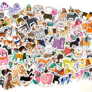 May include: A large collection of individual die-cut stickers featuring various dog breeds, each labeled with its name. The colorful illustrations depict dogs in diverse poses and styles, including a pink Shih Tzu, a spotted Dalmatian, and a yellow Shar Pei.