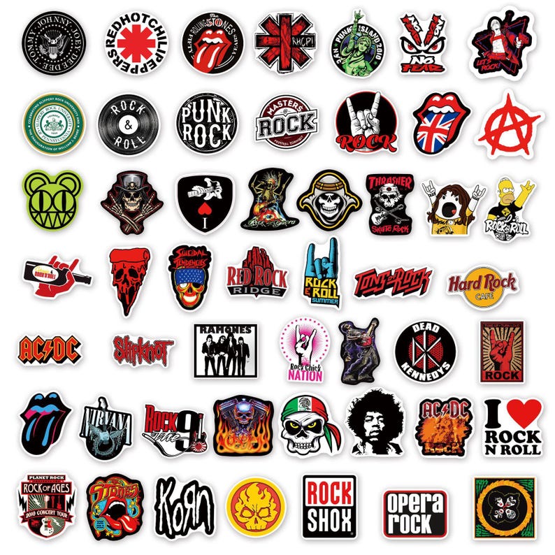 May include: A collection of 50 colorful rock and roll band stickers. The stickers feature band names, logos, and images. Some of the bands include AC/DC, Red Hot Chili Peppers, Nirvana, and The Ramones.
