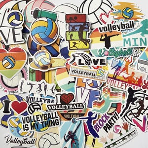 May include: A collection of colorful volleyball themed stickers with various designs, including hearts, text, and players. The stickers feature phrases like "Love Volleyball", "Volleyball is my thing", and "Block Party!"