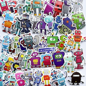 May include: A collection of colorful robot stickers with various designs and poses. The stickers feature robots in different colors, including blue, green, red, yellow, and black. Some of the robots have antennas, wheels, and other features. The stickers are perfect for adding a fun and whimsical touch to any surface.