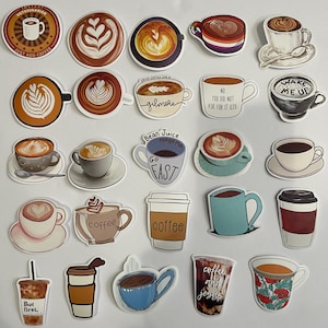 May include: A collection of 20 colorful coffee-themed stickers. The stickers feature various designs, including coffee cups, coffee beans, and coffee-related phrases. Some of the phrases include "Bean Juice Make Me Go Fast", "But First, Coffee", "Wake Me Up", and "Coffee and Jesus".