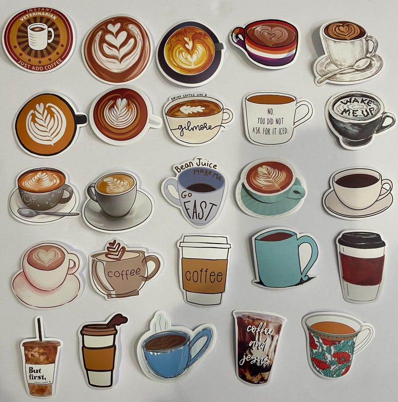 May include: A collection of 20 colorful coffee-themed stickers. The stickers feature various designs, including coffee cups, coffee beans, and coffee-related phrases. Some of the phrases include "Bean Juice Make Me Go Fast", "But First, Coffee", "Wake Me Up", and "Coffee and Jesus".