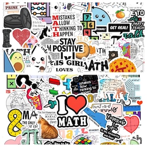 May include: A collection of colorful stickers with math-related themes. The stickers feature equations, geometric shapes, and phrases like "I love math," "Mistakes allow thinking to happen," and "Stay positive." There are also cute illustrations of an avocado, a pie, and a cat.