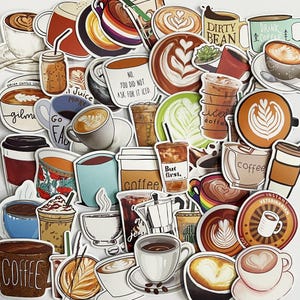 May include: A collection of colorful coffee-themed stickers featuring various designs, including coffee cups, coffee beans, and text like "Drink Coffee Like" and "But First, Coffee".