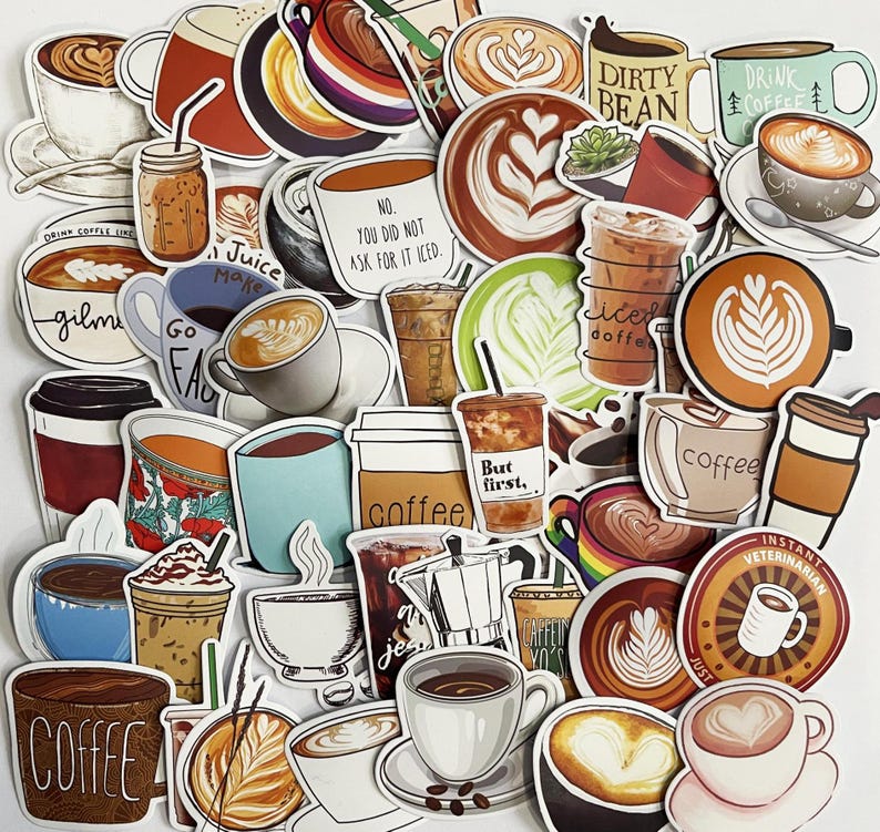 May include: A collection of colorful coffee-themed stickers featuring various designs, including coffee cups, coffee beans, and text like "Drink Coffee Like" and "But First, Coffee".