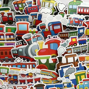 May include: A collection of colorful train stickers featuring various designs, including red, blue, green, yellow, and orange trains. The stickers are perfect for adding a whimsical touch to any project.