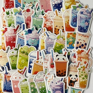May include: A collection of colorful stickers featuring various bubble tea designs. The stickers feature different flavors, toppings, and characters, including pandas, bears, and other cute animals.
