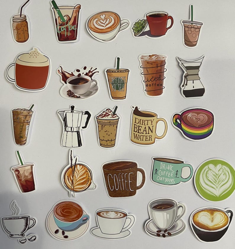 May include: A collection of 24 coffee-themed stickers featuring various coffee drinks, coffee makers, and coffee-related phrases. The stickers are colorful and feature a variety of styles, including cartoon, realistic, and abstract.