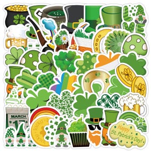 May include: A collection of St. Patrick's Day themed stickers. The stickers feature various green shamrocks, leprechaun hats, pots of gold, rainbows, and the text "Happy St. Patrick's Day!". Other stickers include beer mugs, gnomes, and a calendar.