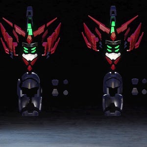 May include: Two robot model kits, each with a dark blue torso, red and black upper body, and green and white accents. The kits are partially assembled, with various components scattered around.