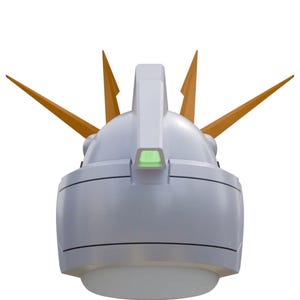 May include: A detailed, close-up view of a white and gray robotic helmet with orange accents. The helmet features a prominent crest and several pointed orange protrusions. A small, green rectangular detail is visible.