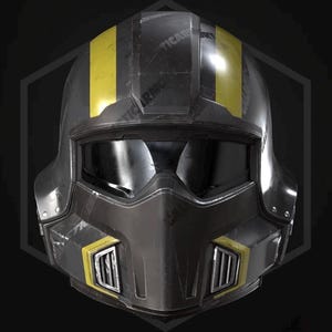 May include: A black and gray helmet with yellow stripes and accents. The helmet has a visor and a face guard with ventilation slots. The text "TICAR ARMO" is visible on the top of the helmet.