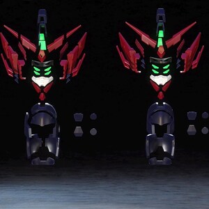 Puede incluir: Dos kits de modelos de robots, cada uno con un torso azul oscuro, una parte superior del cuerpo roja y negra y detalles en verde y blanco. Los kits est&aacute;n parcialmente ensamblados, con varios componentes dispersos.