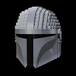 May include: A gray Mandalorian helmet constructed from small, square blocks, with a smooth, curved visor and a dark, vertical slit. The helmet's top is built with layered blocks, creating a textured surface. The design is set against a black background.