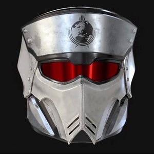 May include: A futuristic silver helmet with a red visor and a black and silver emblem on the forehead. The helmet has a detailed, angular design with visible rivets and vents, suggesting a sci-fi or cosplay theme.