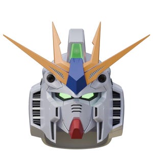 May include: A detailed, close-up of a robot head, primarily white with orange, blue, and green accents. The robot's eyes glow green, and it has a red chin. The design is futuristic and mechanical, with sharp angles and intricate details.