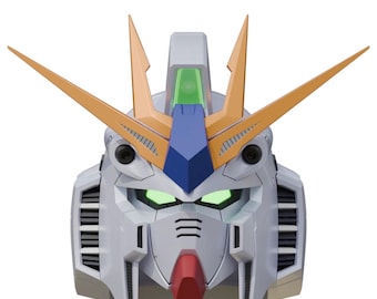 May include: A detailed, close-up of a robot head, primarily white with orange, blue, and green accents. The robot's eyes glow green, and it has a red chin. The design is futuristic and mechanical, with sharp angles and intricate details.