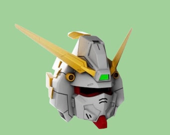 May include: A detailed, close-up view of a robot head, featuring a combination of white, gray, yellow, red, and green colors. The head has prominent yellow fins and a red chin, with intricate mechanical details.