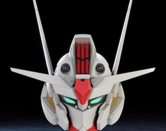 May include: A detailed, close-up view of a white and red robot head with teal eyes. The head features sharp angles, a red chin, and a red and black panel on top. Two white antennas extend upwards, and the design has gold accents.
