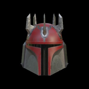 May include: A red and gray Mandalorian helmet with a weathered appearance. The helmet features a T-shaped visor, a central crest, and multiple angular spikes on top. The design suggests a battle-worn aesthetic.