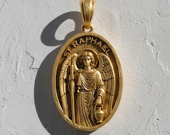 Wisiorek Świętego Rafała ze złota vermeil 14K Medalik Archanioła Naszyjnik katolicki Biżuteria religijna Ręcznie robiony prezent chrześcijański dla niej i dla niego