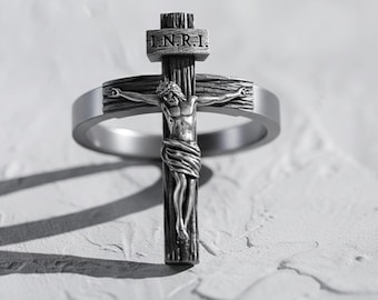 Crucifix Cross Ring 925 Silver Catholic Jesus Ring Religious Jewelry Handmade Christian Gift for Men Faith Statement Ring