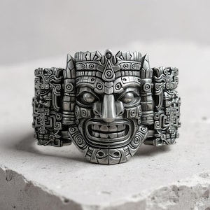 Aztekisk krigarring | Oxiderat silver | Tribal maskdesign | Handgjorda smycken | Statementring bild 1