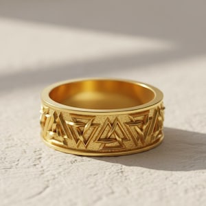 Driehoeken ring goud vermeil, geometrische driehoek bandring verguld sterlingzilver, in elkaar grijpende driehoeken luxe herenring