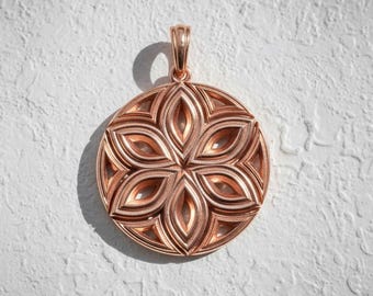 Geometric Flower Round Pendant Rose Gold 925 Silver, Pink Gold Circle Necklace, Romantic Floral Geometry Jewelry, Feminine Medallion