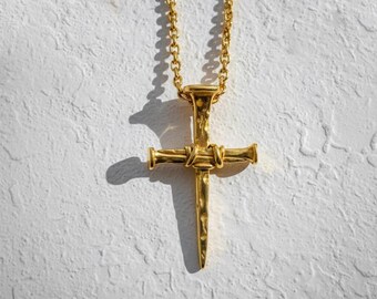 Nail Cross Pendant Gold Vermeil, Christian Necklace Gold Plated Sterling Silver, Three Nails Cross, Religious Jewelry, Crucifixion Cross