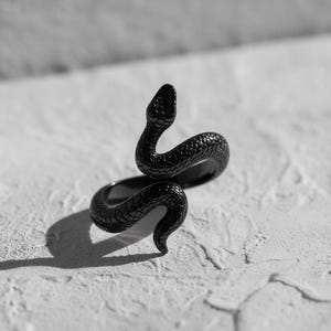 May include: A black snake ring with a textured finish. The snake design is coiled, with its head raised. The ring is set against a white backdrop, creating a strong contrast.