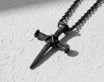 Nail Cross Pendant Black Rhodium Silver, Christian Necklace Mens, Three Nails Cross, Blackened Silver Religious Jewelry, Crucifixion Cross