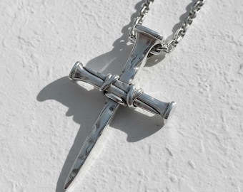 Nail Cross Pendant Polished Sterling Silver 925, Christian Necklace, Bright Silver Three Nails Cross, Religious Jewelry Gift, Faith Cross
