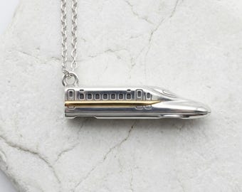 Shinkansen Bullet Train Pendant in 925 Sterling Silver, Polished Gold Vermeil Locomotive Necklace, Japan Travel Jewelry Gift