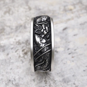 Japanese Koi Fish Ring 925 Sterling Silver - Traditional Asian Style Band with Lotus Flower Wedding Anniversary Band Gift