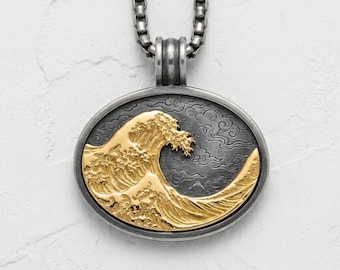 Great Wave Pendant in 925 Sterling Silver, Two-Tone Gold Vermeil Ocean Necklace, Hokusai Japanese Art Jewelry