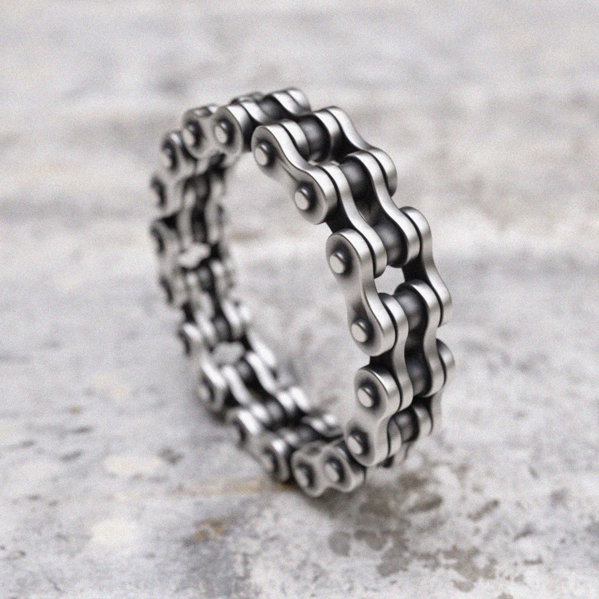 Motorcycle Chain Ring 925 Sterling Silver - Handmade Biker Band - Men's Industrial Wedding Band Contemporary Statement Ring