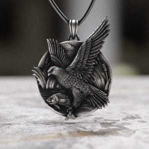 Hunting Eagle Necklace 925 Sterling Silver Bird of Prey Pendant Oxidized Fish Catching Scene Wildlife Nature Gift for Men Women