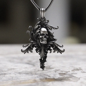 Skull Cross Pendant 925 Sterling Silver Necklace - Handmade Gothic Victorian Ornate Filigree Oxidized Men&#39;s Jewelry Dark Gift