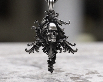 Skull Cross Pendant 925 Sterling Silver Necklace - Handmade Gothic Victorian Ornate Filigree Oxidized Men&#39;s Jewelry Dark Gift