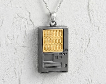 Japanese Vending Machine Pendant in 925 Sterling Silver, Two-Tone Oxidized and Gold Vermeil Kawaii Tokyo Necklace