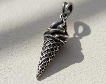 Ice Cream Cone Pendant 925 Sterling Silver Oxidized Finish Foodie Charm Summer Necklace Cute Dessert Jewelry Gift for Her