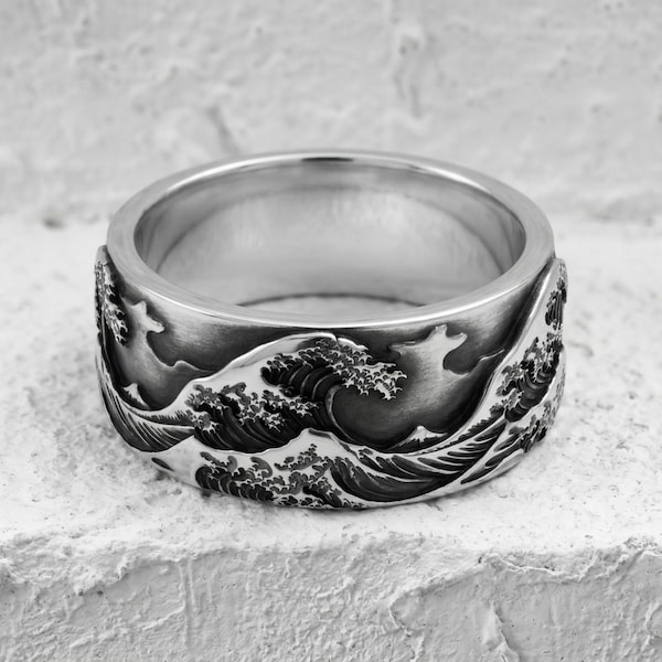 Ring „Große Welle vor Kanagawa“ aus 925er Sterlingsilber, oxidiertes japanisches Ozean-Design, handgefertigter Statement-Schmuck