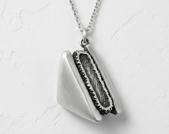 Japanese Katsu Sando Sandwich Pendant in 925 Sterling Silver, Oxidized Cutlet Necklace, Handcrafted Food Jewelry
