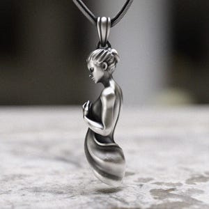 925 Sterling Silver Female Figure Pendant, Handmade Art Nouveau Women Necklace, Unique Contemporary Dancing Lady Silver Jewelry Gift