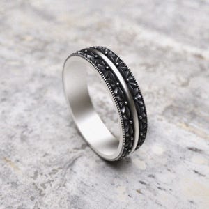 Oxidized Silver Band Ring | 925 Sterling Silver Vintage-Inspired Geometric Wedding Band | Handcrafted Textured Men's Ring | Anniversary Gift