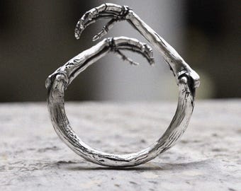 Skeleton Ring 925 Sterling Silver, Gothic Bone Hands Design Ring, Adjustable Statement Band, Dark Fantasy Jewelry