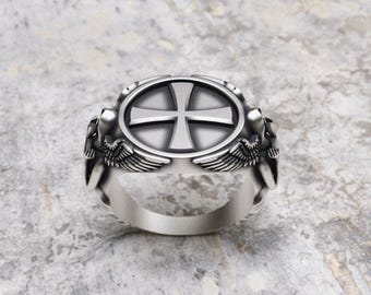 Cross Ring - 925 Sterling Silver Winged Cross Ring - Guardian Angel Cross Statement Ring - Handcrafted Religious Jewelry